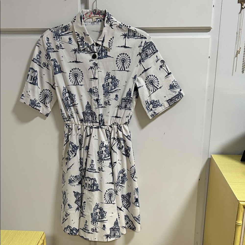 Maje White and Blue Paris Toile Shirt Printed Dress 2